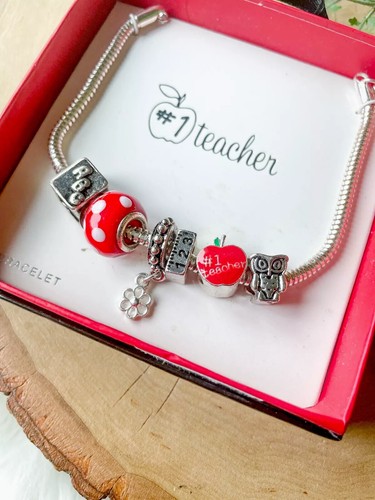 Teacher #1 European Charm Bracelet Owl School Apple ABC Block Ruler Box Gift Set