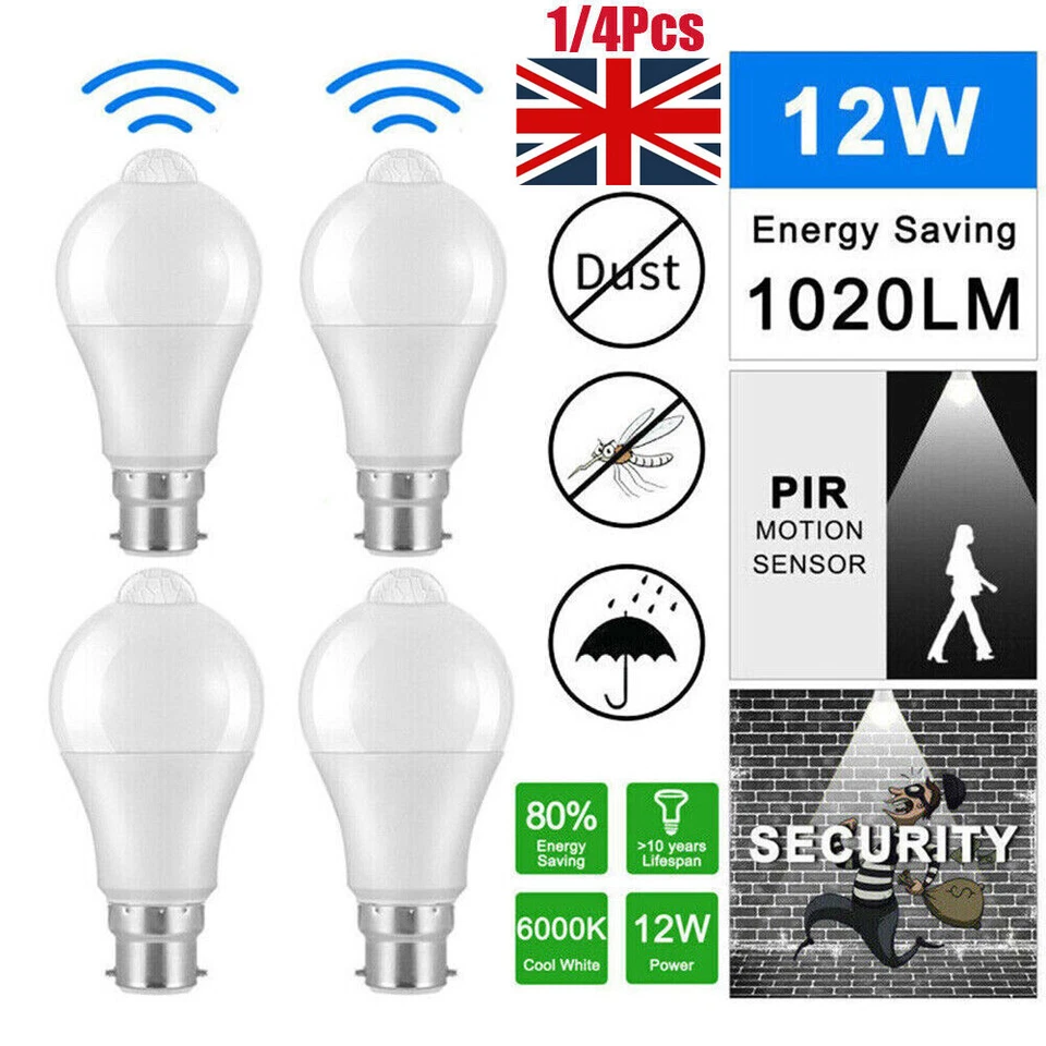 1/4X PIRS Motion Sensor E27 B22 LED Smart Bulb Globe Auto ON/OFF Energy Saving - Image 4 of 4