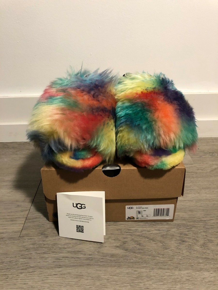UGG Fluff Yeah Pride Rainbow Slide Slipper Sandal Women's US sizes