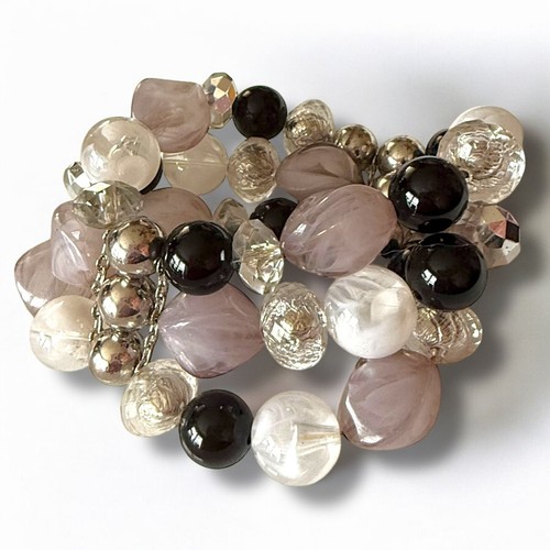 Bracciale Perline Lucite Multi Filo Elastico Nero Trasparente Bauble Vintage Statement - Foto 8 di 10