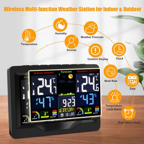 Wetterstation Funk Mit Farbdisplay Thermometer Innen-Außensensor Digitale Wecker - Bild 2 von 11
