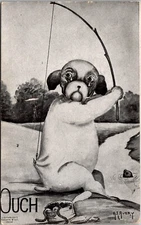 Vintage Postcard Comic Sad dog Fishing Caught Himself A/S A.E. Avery PM1910