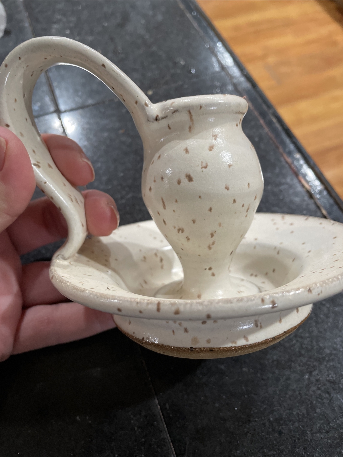 watts pottery Candle Holder Ivory Speckled With Handle And Drip Plate