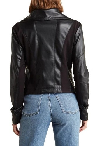 OOKIE & LALA DRAPE MOTO STYLE FAUX LEATHER PONTE BLACK JACKET SIZE SMALL - Picture 2 of 6