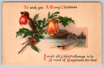 Wish You A Merry Christmas, Bird, Holly, Rural Scene, Antique Wolf & Co Postcard