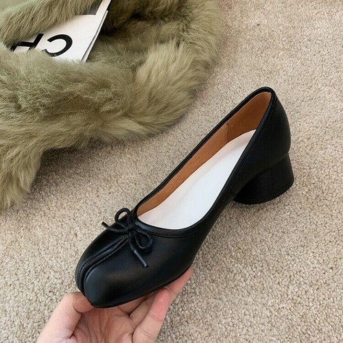 Leather Bowtie Tabi Split Toe Women's Pumps Loafer Mid Heel Ballet