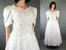 Long Wedding Gown Sz 12 L White Shiny Lace Satin Silver Beads Beaded Dress