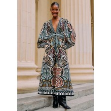 Farm Rio Womens Multicolor Balamana Deep V-Neck Long Sleeve Maxi Dress New