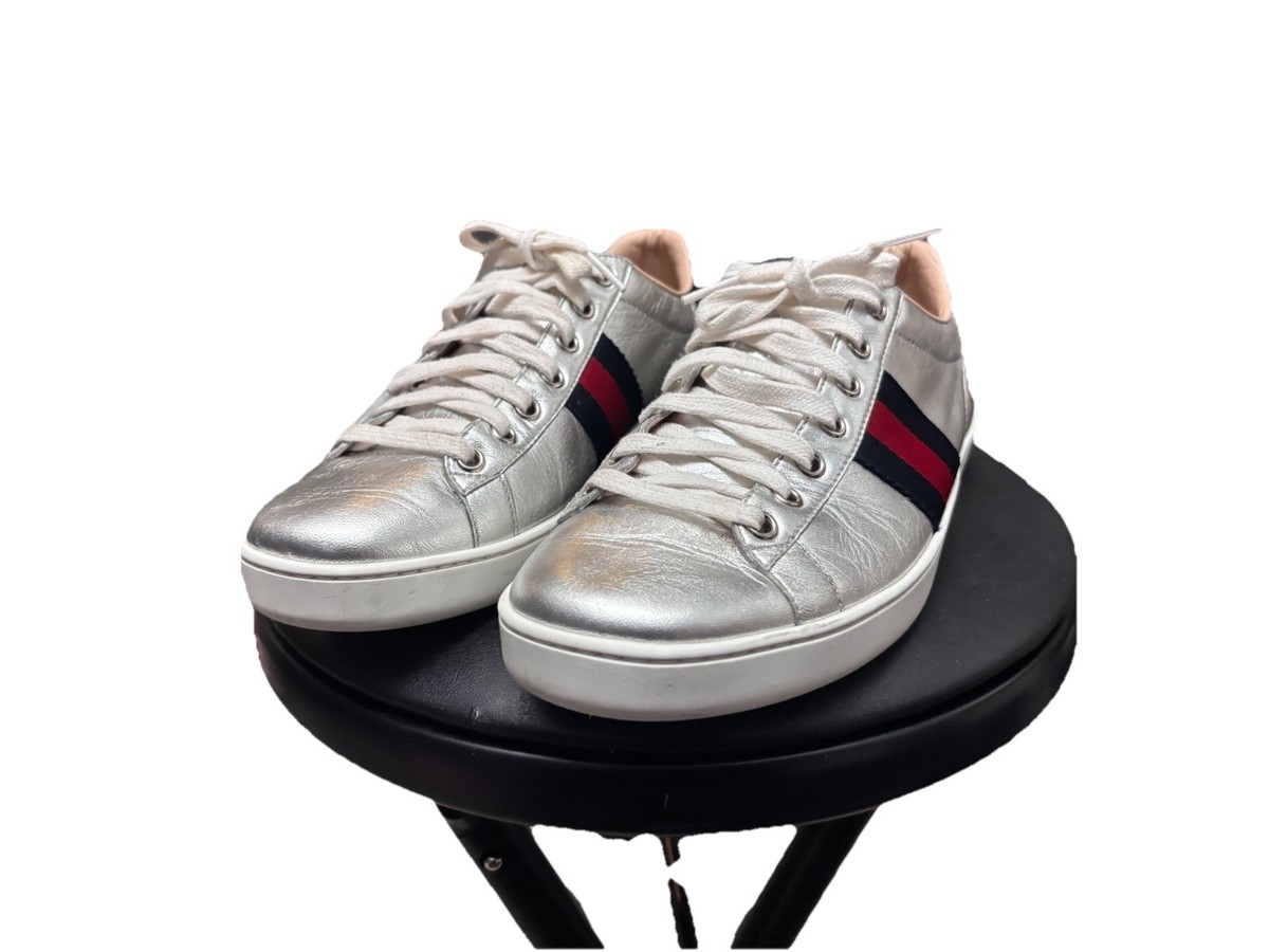 Gucci Ace Metallic Silver Leather Web Sneakers - Size 39 - Used | eBay