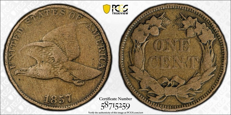 1857 Flying Eagle Cent PCGS F15 Low Leaves