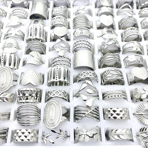 20pcs Fashion Jewelry Stainless Steel Silver Engraved Patterns Adjustable Rings