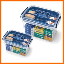 2 Pack Clear Medicine Storage Box with Tray Portable Medicine Cabinet with Ha...