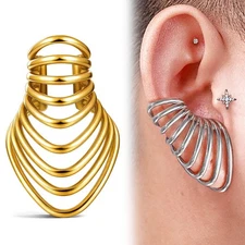 1PC 316L Stainless Steel Statement Layered Hoop Ear Clips No-Piercing Ear Cuffs