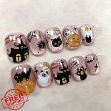 30Pcs Cute Cat Press on Nails Short Halloween Fake Nails with Goth Spider Web...