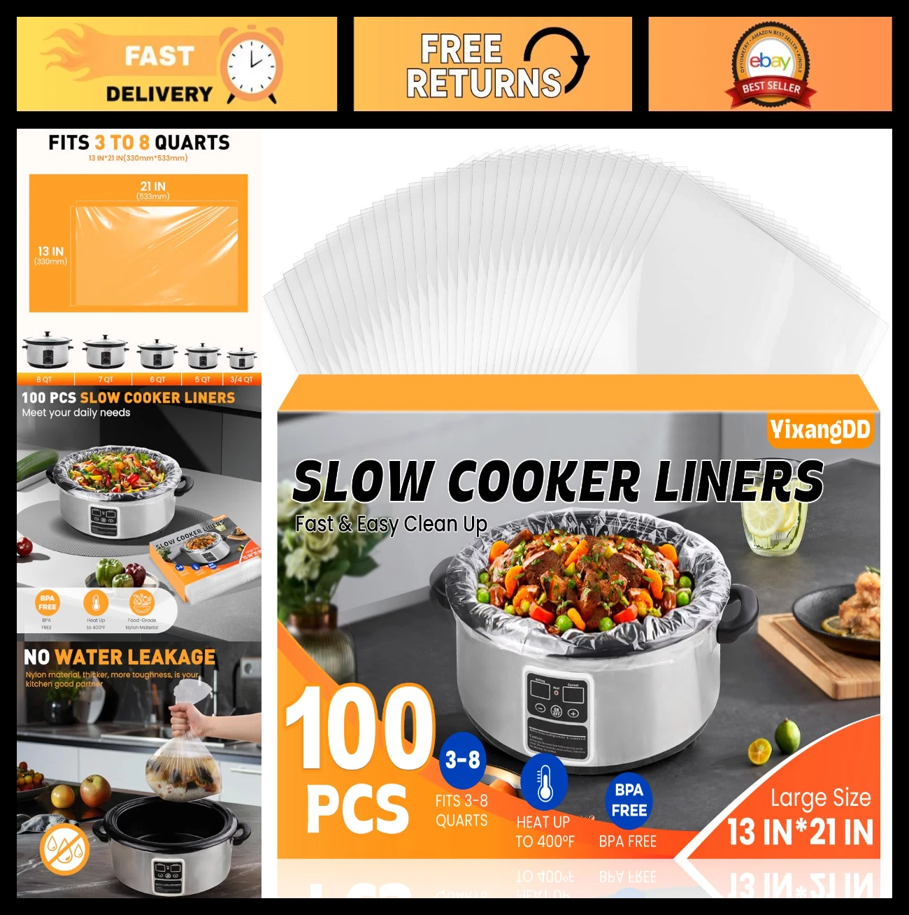 100 Pack Disposable Slow Cooker Liners, Large 13"x21" Bags for 3-8 Qt Pots, BPA