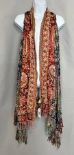 Raj Floral Embroidered Cardigan Womens One Size Red Boho Fringe Sleeveless Long