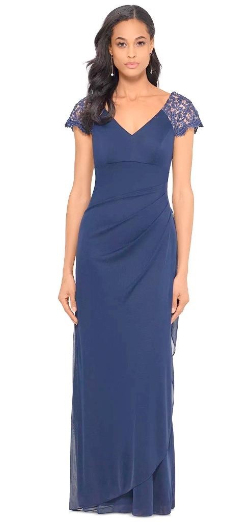 NEW Macy's XSCAPE Sz 8 Medium Lace Sleeve Chiffon Gown Navy Blue Long MSRP $139