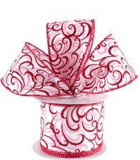 Valentines Red Glitter  Pink Swirls 2.5" by 2 Yards White Wired Ribbon