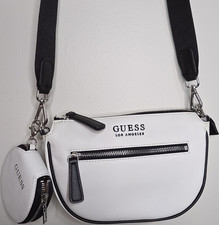 GUESS White Small Shoulder Bag Zip Logo w/ Coin Purse, Chain Detail, Black Strap