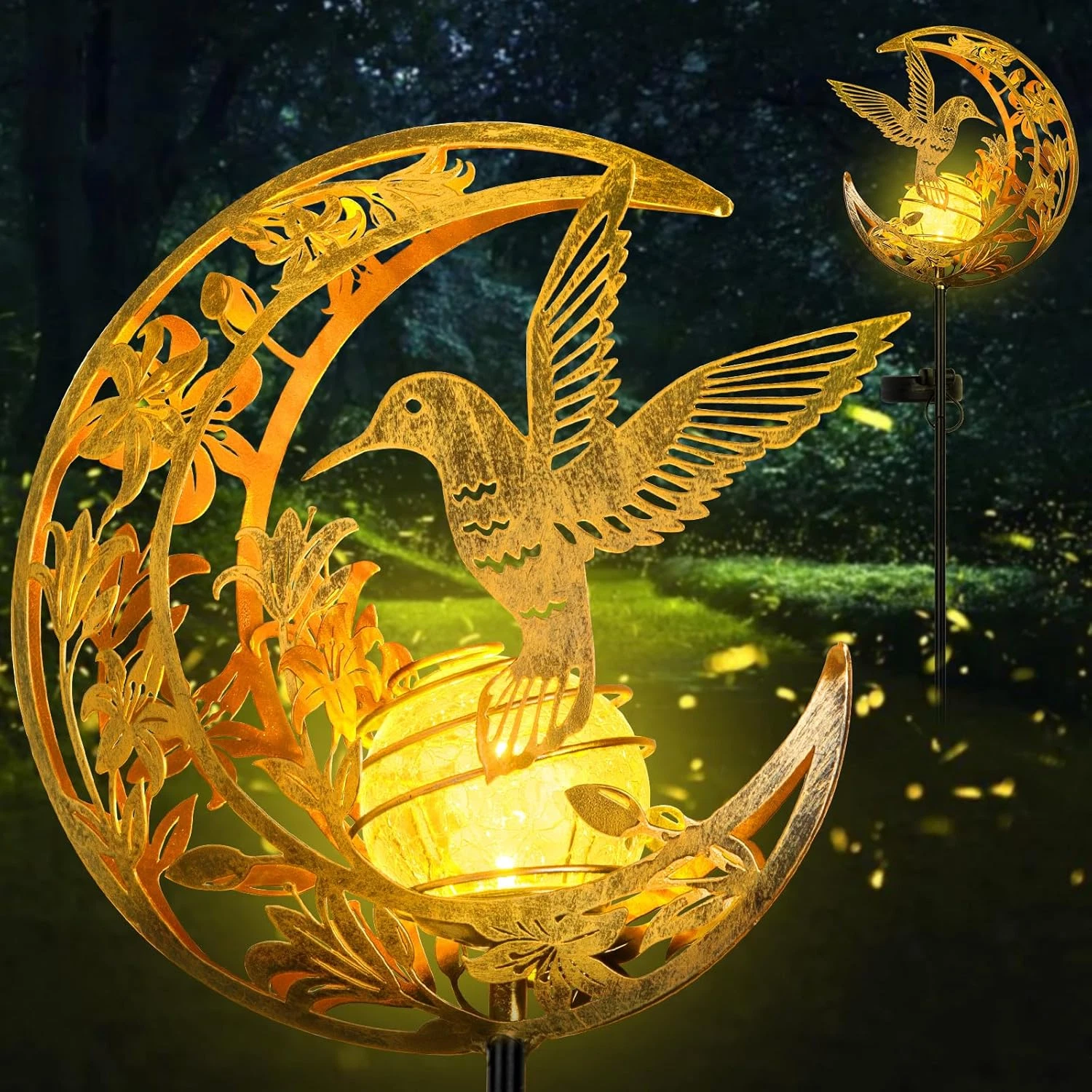 Solar Moon Hummingbird Garden Stake Light Crackle Glass Patio Yard Decor