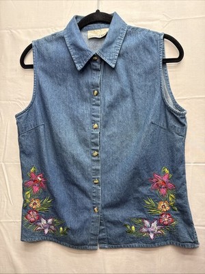 VTG 90 s Y2K Casey & Max Flower Embroidered Denim Vest Shirt Cottagecore Sz M