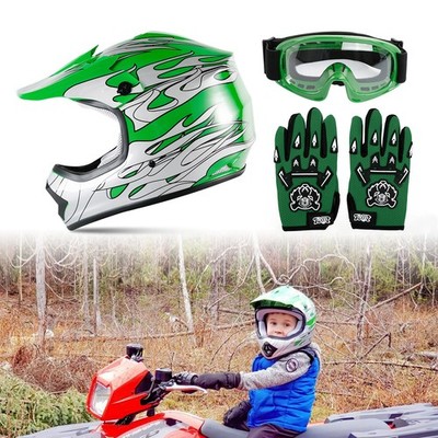 Youth Green Silver Flame Dirt Bike ATV Motocross Offroad Helmet+Goggles  S/M/L/XL