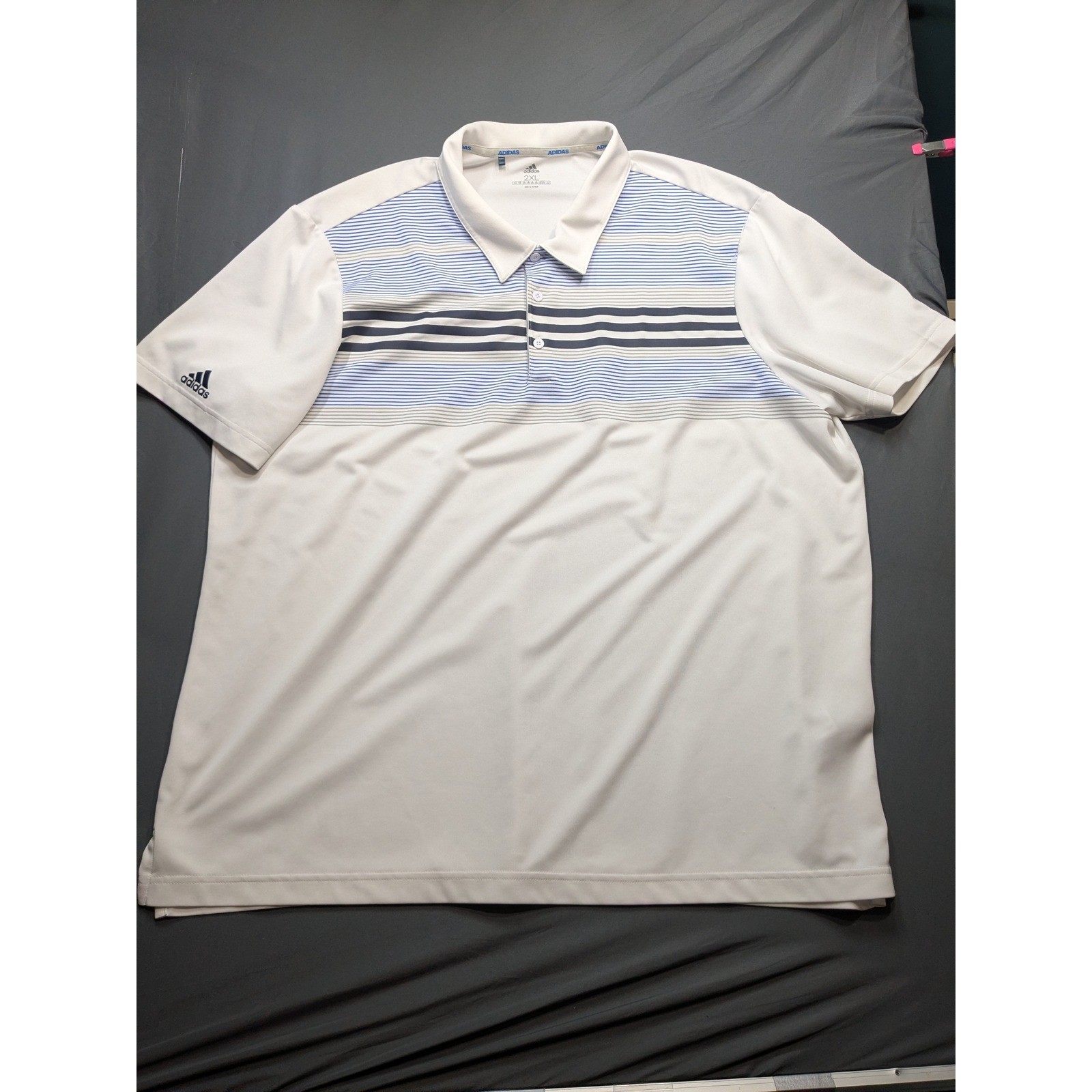 Adidas Golf Polo Shirt Mens 2XL White Blue Striped Performance Short Sleeve Top