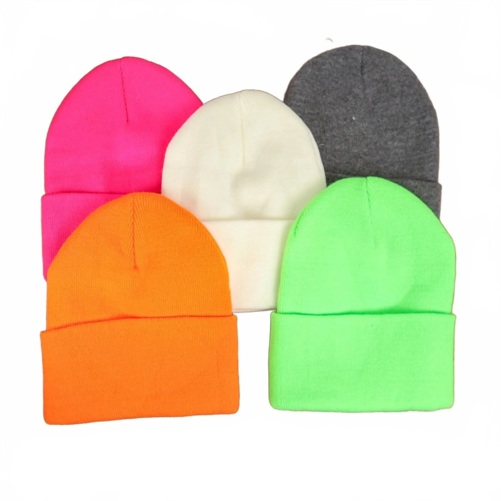 Port & Company Knit Beanie Lot of 5 Neon 3" Fold Winter Hats 100% Acrylic CP90