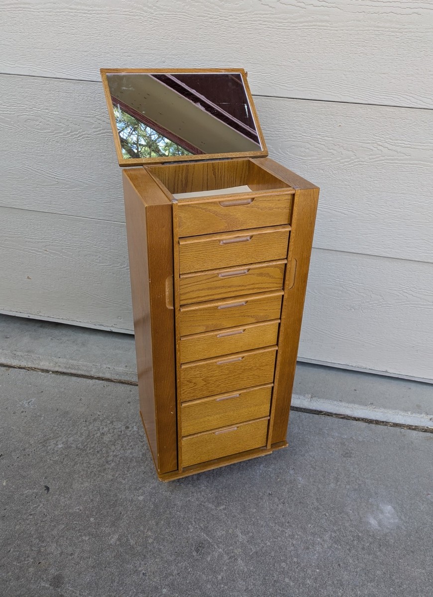 Vintage Oak Jewelry Armoire Cabinet Dresser Chest of Drawers Mirror & Doors  L53 | eBay