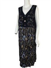JAMIE BROOKE Black Applique Bodice Print Skirt Crinkled Midi Tank Dress sz 18