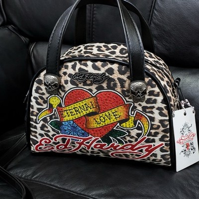 Ed Hardy Eternal Love Rhinestone Bowler Bag Long Strap Crossbody Brand New