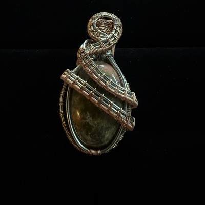 Handmade Unakite Wire Wrapped Pendant Copper Silver Mixed Metal Gemstone Oval
