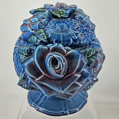 Vintage Inarco Ceramic Mood Indigo Flower Bouquet Storage Cookie Candy Jar