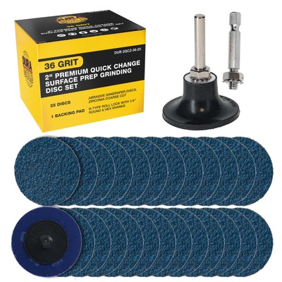 Dura-Gold 2'' 36 Grit Quick Change Surface Prep Grinding Disc Set, 25 Discs, Pad