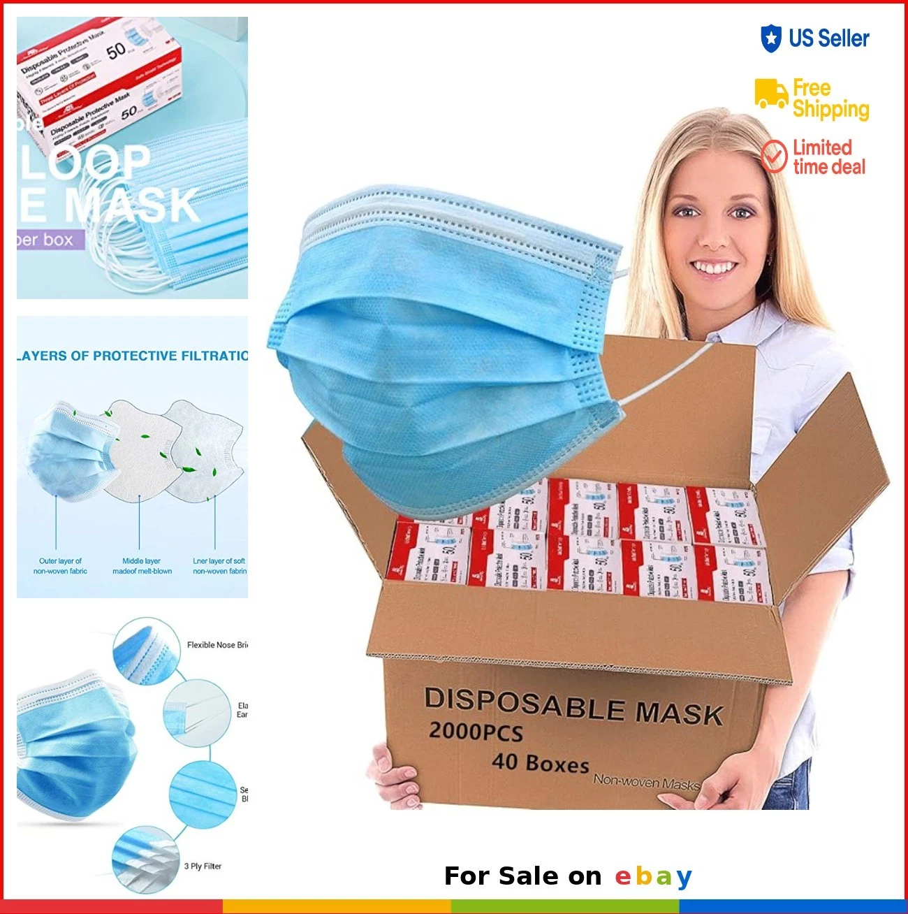 2000 Disposable Face Masks Bulk 3 Layer Non Woven Breathable Earloop Mouth Nose