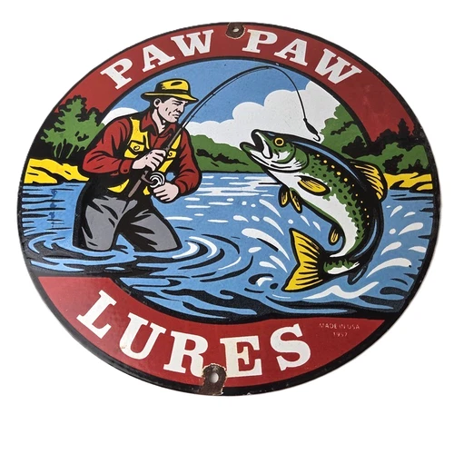 Vintage Paw Paw Lures Sign - Fishing Ad Gas Pump Porcelain Sign