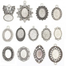 50 Antique Silver Alloy Oval Tray Pendants Blank Bezel Cabochon Settings 13x18mm