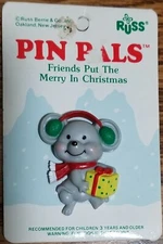 Vintage Russ Pin Pals CUTE Christmas Mouse with Earmuffs, Scarf & Present/Gift