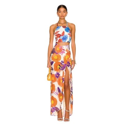 Raisa Vanessa Slit Detail Floral Skirt in Yellow & Purple 36 2-4 New Womens Line
