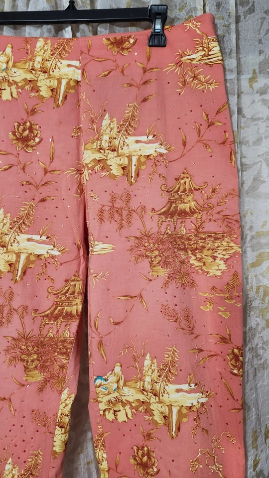 Pantalones para mujer Steven Stolman Studio talla 14 estampado asiático 95 % algodón frente con cuentas Foto 3 de 4