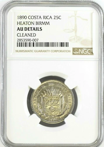 Costa Rica: Republic 25 Centavos 1890 Heaton Birmm, NGC AU, KM# 130
