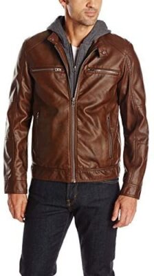 BNWT GUESS MENS FAUX LEATHER BROWN HOODED MOTO JACKET SIZE SMALL