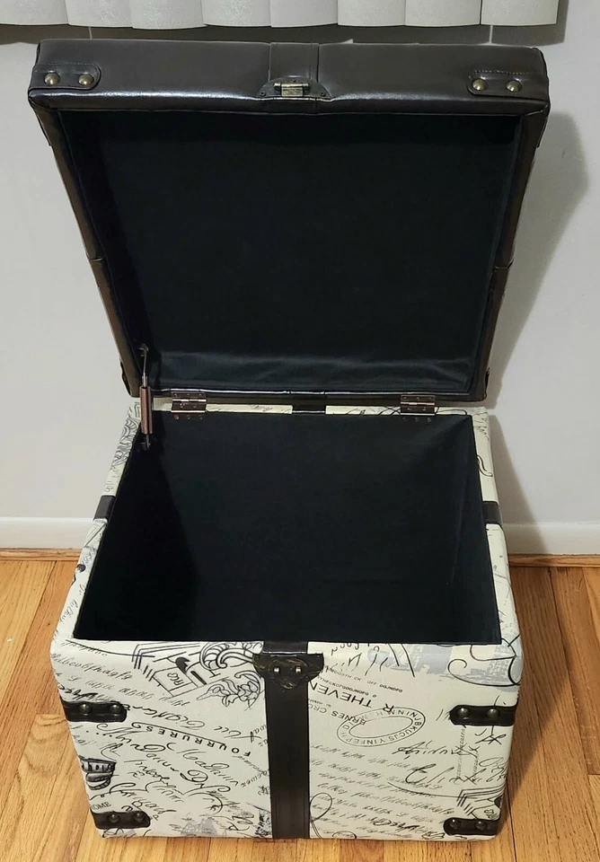 Faux Leather Ottoman Storage Cube Script Upholstered w/ Nail Heads Read Detail - Image 3 of 4