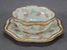 Haviland Limoges Pink & Blue Floral Double Gold Ramekin & Saucer A
