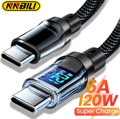 120W 5A Super Fast USB C To USB C Cable Fast Charging Cord with LED Display