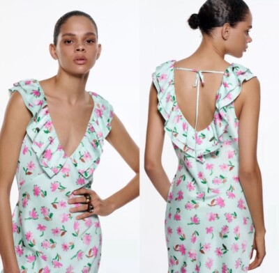 Zara Green Floral Pink Print Satin Midi Dress Ruffle Trims V Neck Slip Dress S-M | eBay Zara Green Floral Pink Print Satin Midi Dress Ruffle Trims V Neck Slip Dress S-M | eBay