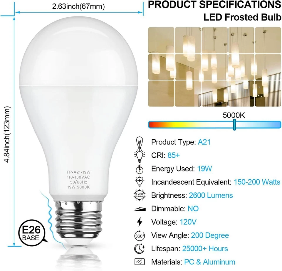 4-Pack LED A19 cold White Light Bulbs 6500K 80W Equivalent 7W 1000LM E26 Base - Image 3 of 4