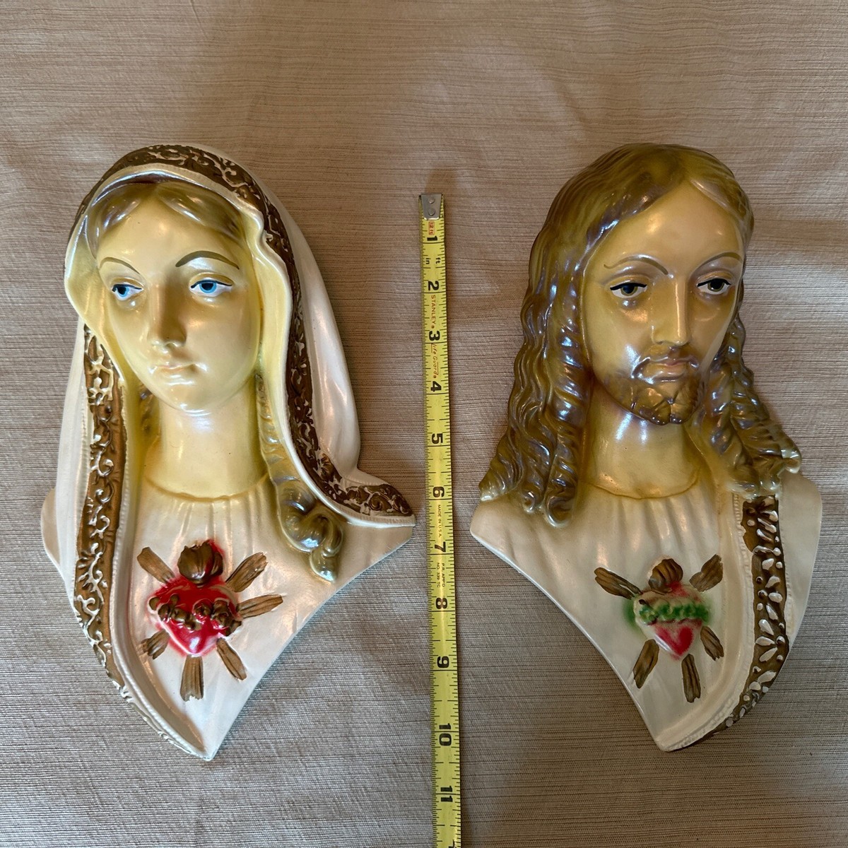 Vintage Jesus & Mary Sculpted Bust Wall Hanging Plaques