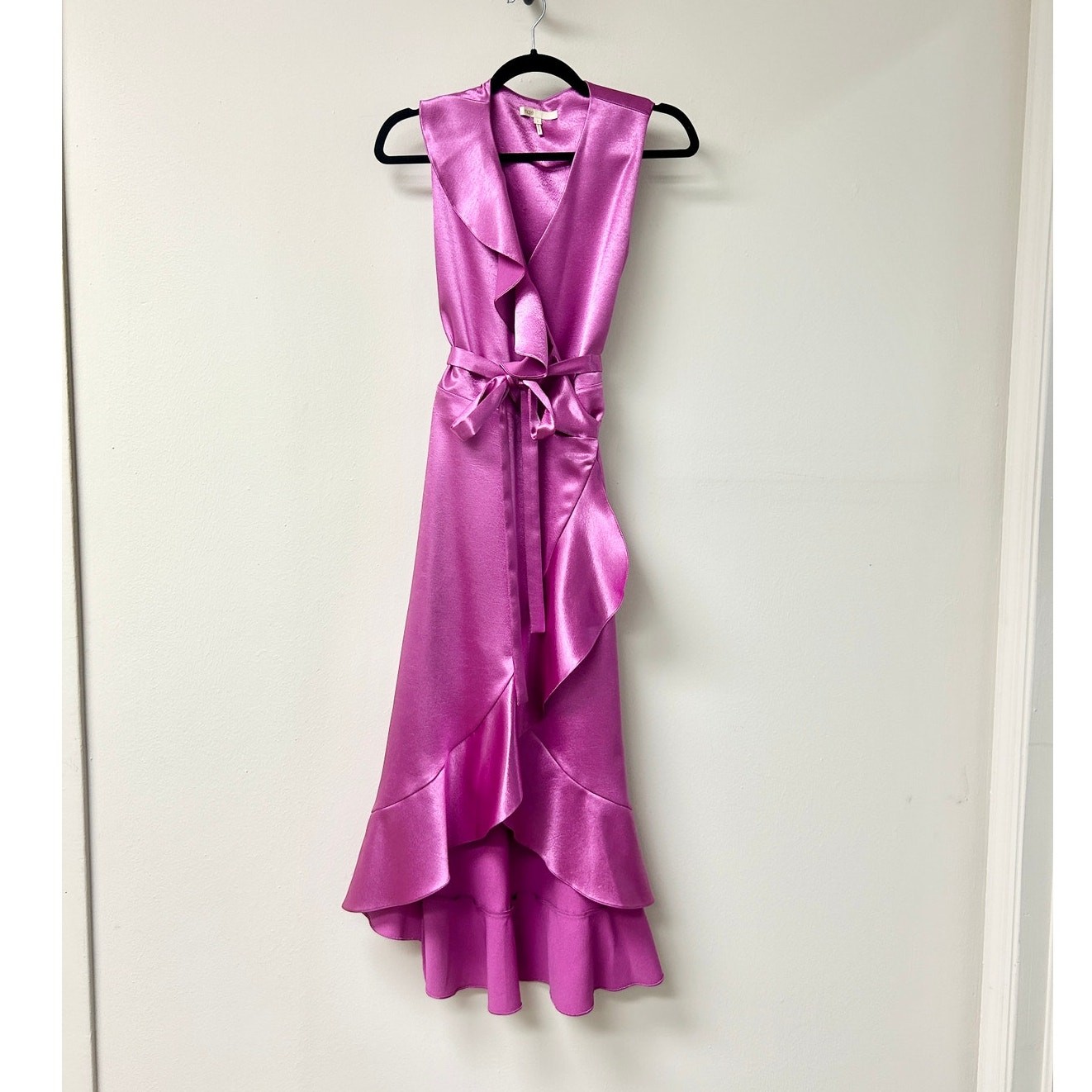 Maje Satin Sleeveless V-Neck Ruffle Trim Wrap Midi Dress Fuchsia