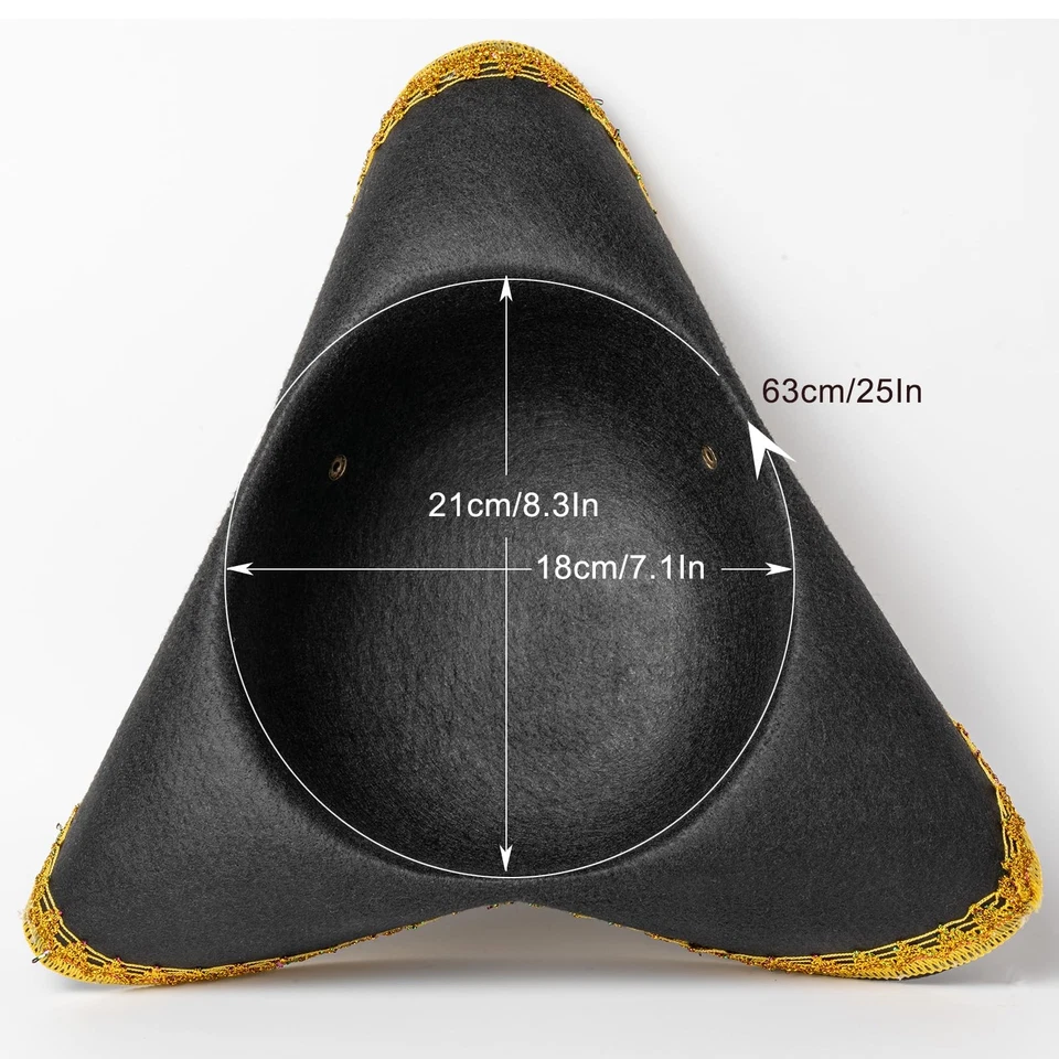 Sombrero Tricornio Bordeado Dorado - Sombrero Pirata Negro Historia Revolucionaria Tema Nacimiento... Foto 3 de 4